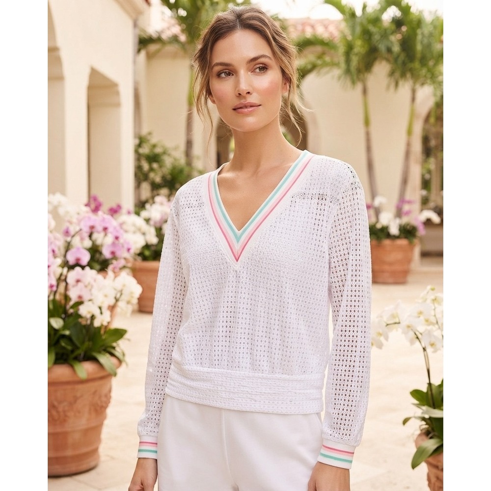 Lucky in Love White Mesh V-Neck Long Sleeve Tennis Top Striped Trim Womens M